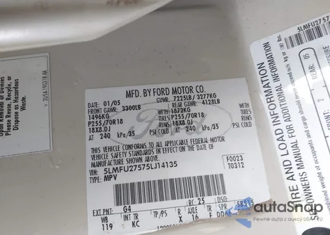 2005 Lincoln Navigator z USA, uszkodzony, nr VIN 5LMFU27575LJ14135